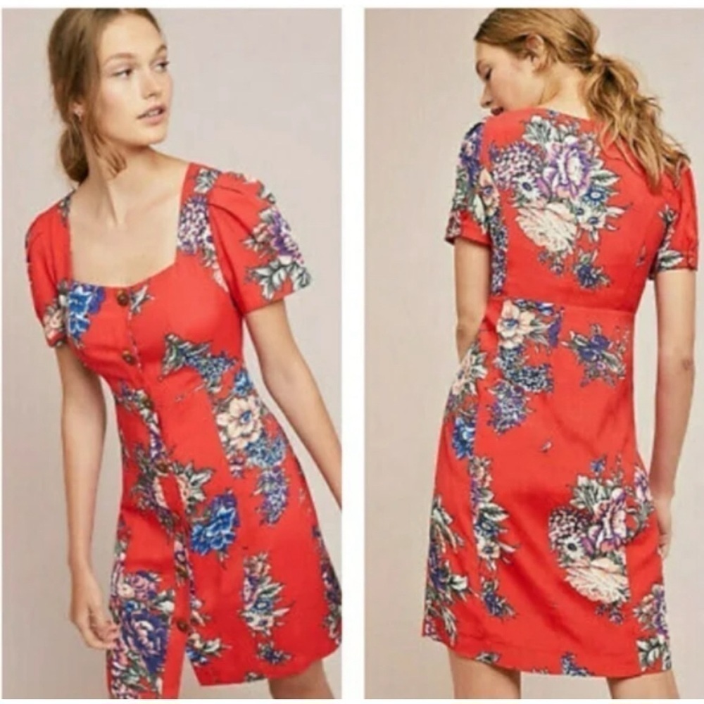 Maeve by Anthropologie Short Sleeve Button Front Red Floral Dress Size 2P